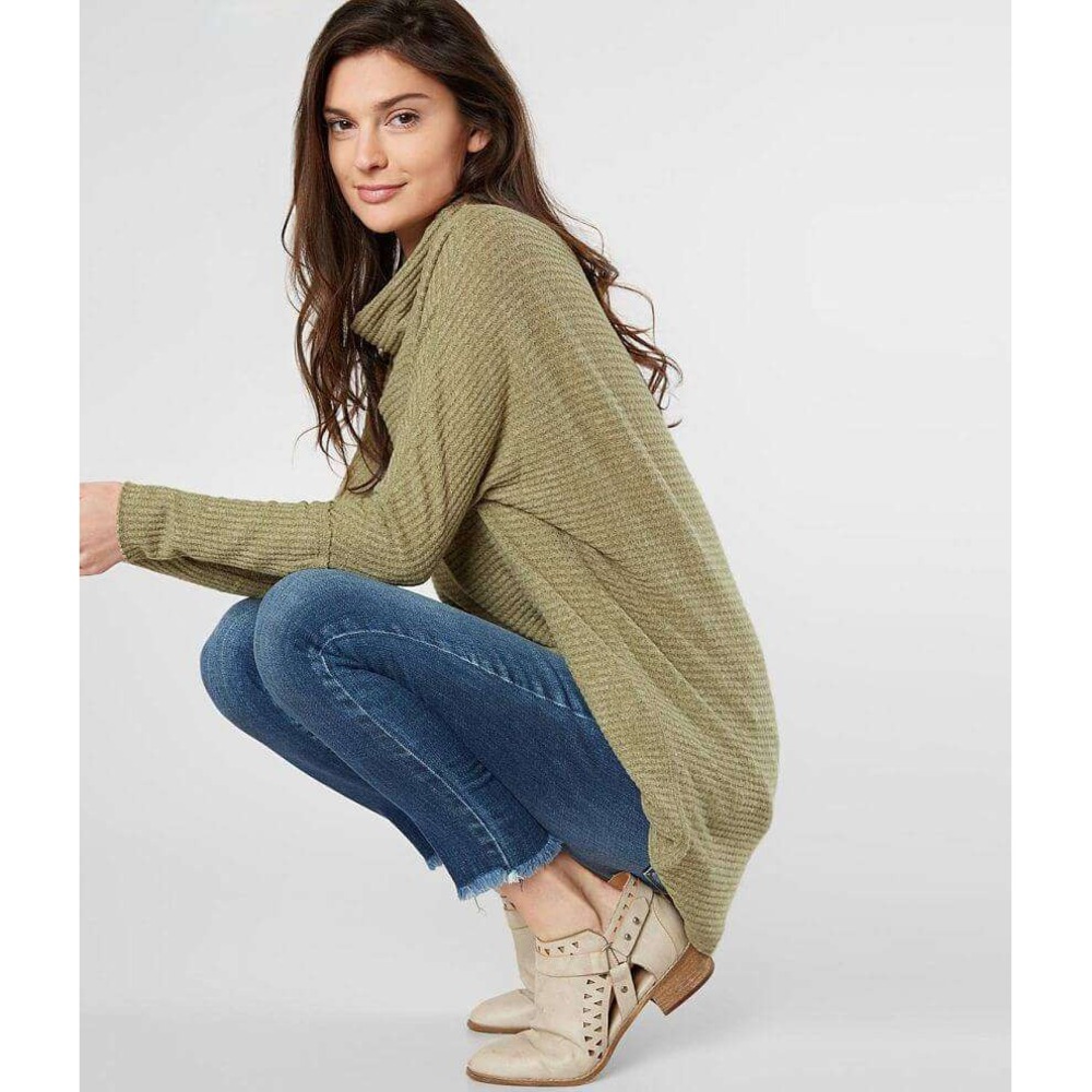 We The Free People Kitty Thermal Olive Green Waffle Knit Cowl Neck Tunic Top M - Picture 1 of 7